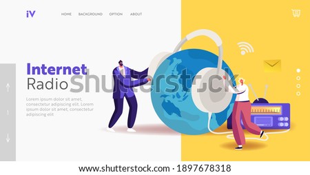 Livestream, Entertainment Online Broadcasting Landing Page Template. Tiny Characters with Huge Headset near Radio Transmitter and Globe Broadcast Podcast or Audioprogram. Cartoon Vector Illustration