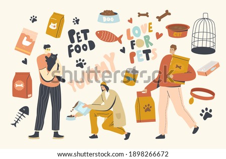People Buying Food for Pets. Male and Female Characters Feeding Cat, Dog and Birds with Special Dry Nutrition. People Care of Domestic Animals, Pour Cookies into Feed Bowl. Linear Vector Illustration