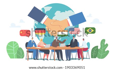 International Negotiations, Diplomacy, Political Meeting at Round Table Concept. Delegates Solving World Issues, Spokesmen Discussing, Shake Hands on Press Conference. Cartoon Flat Vector Illustration Imagine de stoc © 