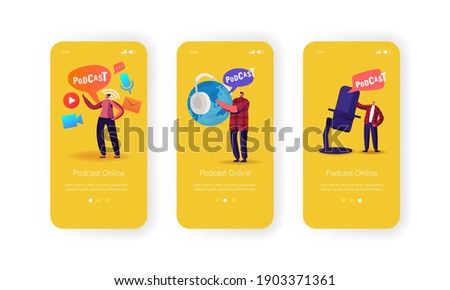 Podcast Broadcast or Audioprogram Livestream Mobile App Page Onboard Screen Template. Tiny Characters with Huge Headset near Microphone and Earth Globe Concept. Cartoon People Vector Illustration