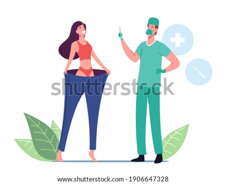 Happy Slim Woman Wearing Oversize Pants, Surgeon Doctor Male Character Holding Scalpel. Bariatric Stomach Reducation, Liposuction, Weight Loss or Slimming Concept. Cartoon People Vector Illustration