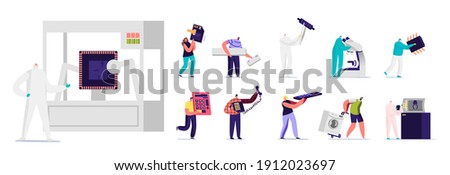 Set of Characters with Machinery. Tiny Men and Women with Huge Sim Card for Mobile Phone, Semiconductor, Calculator and Remote Control Isolated on White Background. Cartoon People Vector Illustration