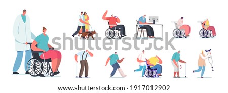 Set of People with Disability. Male and Female Characters Riding Wheelchair and Walking with Crutches, Blind Man with Guide Dog, Invalids Isolated on White Background. Cartoon Vector Illustration