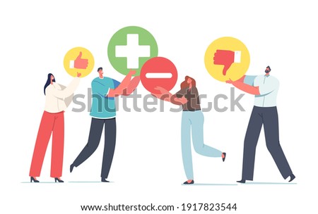 Tiny Male and Female Characters with Huge Plus and Minus Icons, Thumb Up and Down. Men and Women Count Advantages, Disadvantages of Deal Make Pros or Cons Decision. Cartoon People Vector Illustration