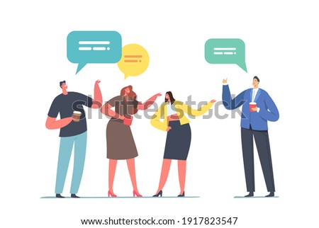 People Communicating with Speech Bubbles during Meetup Coffee Break. Young Men and Women Chatting to Each Other, Communicate, Discussing Working Issues, Share Ideas. Cartoon People Vector Illustration