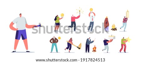 Set of People with Different Lights. Tiny Male and Female Characters Holding Huge Light Bulb, Burning Match and Candle, Sparkler or Glow Star Isolated on White Background. Cartoon Vector Illustration