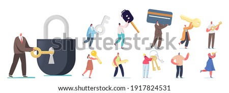 Set of People with Different Keys. Tiny Male and Female Characters Holding Electronic Card, Open Huge Lock, Digital Key for Virtual Wallet Isolated on White Background. Cartoon Vector Illustration 商業照片 © 