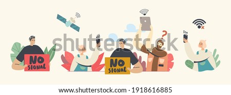 Lost Wireless Connection, No Wifi Signal Technology Concept. Characters Use Wifi and Satellite for Surfing Internet in Free Wi Fi Hotspot Zone, Online Public Access. Cartoon People Vector Illustration