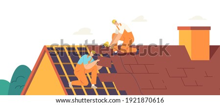 Roofer Men with Work Tools Roofing and Tiling Residential Building Roof. Construction Workers Characters Repair Home, Fixing House Rooftop Tile with Instruments. Cartoon People Vector Illustration
