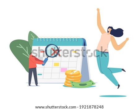 Happy Female Character Jumping at Huge Calendar with Crossed Date. Man with Magnifier and Pile of Golden Coins and Bills, Tax Return, Banking Debt or Mortgage End. Cartoon Vector People Illustration