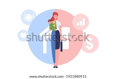 Woman Character Separated on Two Halves as Housewife with Child and Businesswoman Choosing Between Family or Parent Responsibilities and Career or Professional Success. Cartoon Vector Illustration