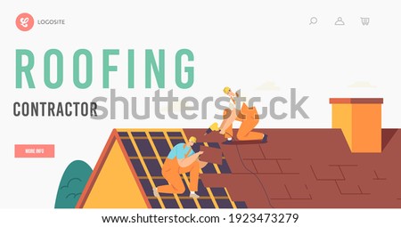 Roofing Contractor Landing Page Template. Roofer Men with Work Tools Tiling Roof. Construction Workers Characters Repair Home, Fixing Rooftop Tile with Instruments. Cartoon People Vector Illustration