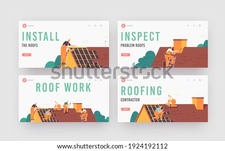 Roofer Men with Work Tools Landing Page Template Set. Roof Construction Workers Characters Conduct Roofing Works, Repair Home Rooftop, Tile House with Equipment. Cartoon People Vector Illustration