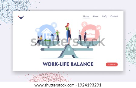 Work and Home Balance Landing Page Template. Characters Balancing on Scales with Life Values. Woman Separated on Halves as Housewife with Child and Businesswoman. Cartoon People Vector Illustration