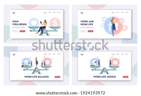 Work and Home Balance Landing Page Template Set. Characters Balancing on Scales with Life Values. Woman Separated on Halves as Housewife with Child or Businesswoman. Cartoon People Vector Illustration