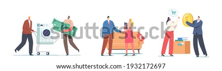 Male and Female Characters Bring Old Things and Technique Scrap to Pawn Shop Concept. Customers Buy and Sell Second Hand Electric Appliances, Furniture, Books. Cartoon People Vector Illustration