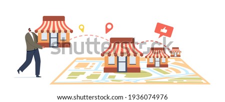 Franchise Business Concept. Tiny Male Character Put Kiosk on Huge Map. Businessman Start Small Enterprise Expansion or Company with Home Office, Corporate Headquarter. Cartoon Vector Illustration Foto d'archivio © 
