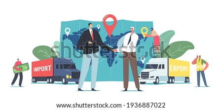 Cargo Export and Import, Logistics Concept. Business Partners Characters Shaking Hands near Freight Trucks and Huge Map with Destination Point, Workers and Clients. Cartoon People Vector Illustration