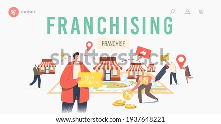 Franchising Landing Page Template. Tiny Characters Put Kiosks on Huge Map. People Start Franchise Small Enterprise, Company or Shop with Home Office, Corporate Headquarter. Cartoon Vector Illustration Сток-фото © 