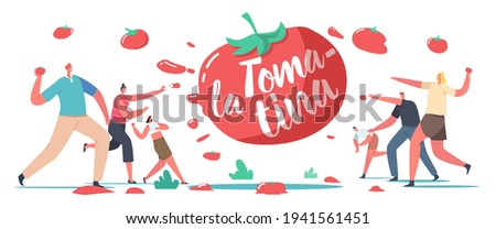 La Tomatina, Tomato Festival Celebration Concept. Happy Male and Female Characters Throw Vegetable to Eath Other. Spain Traditional Entertainment, Harvest Holiday. Cartoon People Vector Illustration