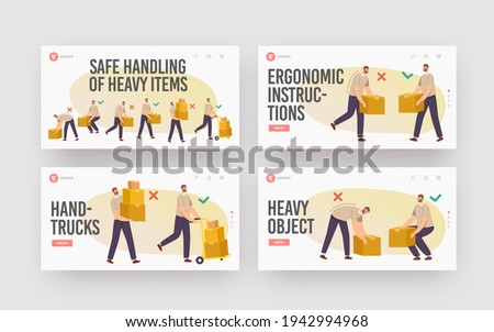 Safe Handling of Heavy Items Landing Page Template Set. Right Wrong Manual Lifting of Goods. Character Carry Boxes Correctly and Improperly Way in Hands and Forklift Cartoon People Vector Illustration