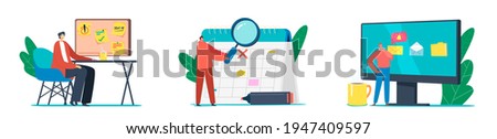Scheduling, Planning, Inspiration and Creative Process Concept. Tiny Business Characters at Huge Calendar and Computer Fill Checklist. People Make Notes on Memory Board. Cartoon Vector Illustration