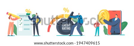 Set Credit Score Rating Based on Debt Reports Showing Creditworthiness or Risk of Individuals for Loan, Mortgage and Payment. Bank Evaluate Characters for Credit. Cartoon People Vector Illustration