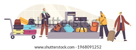 Baggage Claim in Airport Belt. Tourists Male and Female Characters Taking Luggage in Carousel Area after Airplane Flight. Plane Arrival, Departure, Tourism Concept. Cartoon People Vector Illustration