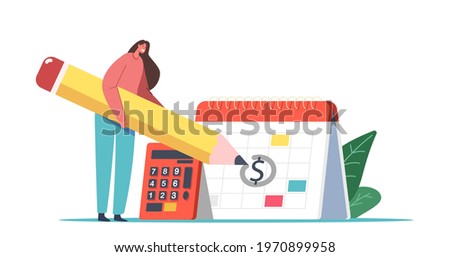 VAT, Value Added Tax Finance Concept. Tiny Female Character Round Date in Huge Calendar, Taxation Payment Deadline Notification, Banking Debt or Mortgage Payment. Cartoon Vector People Illustration