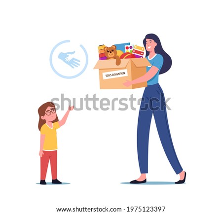 Charity Concept, Woman Giving Carton Donation Box with Toys to Orphan Kid, Social Help to Children, Female Volunteer Character Caring Altruistic Aid to Poor Kids. Cartoon People Vector Illustration 商業照片 © 