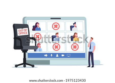 Tiny Company Boss Character Stand at Huge Laptop with Employees Out of Office and Empty Armchair. Absence Work Management, Sick Leave or Vacation Absence Concept. Cartoon People Vector Illustration