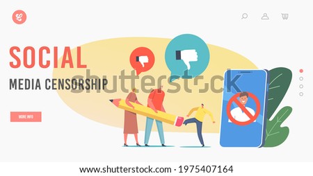 Social Media Censorship Landing Page Template. Cancel Culture Ban, Erase Identity. Tiny Characters Erasing Person at Huge Smartphone with Image of Banned Man. Cartoon People Vector Illustration