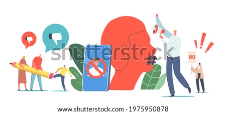 Cancel Culture Ban Concept. Characters Erasing Person with Huge Pencil Eraser, Tiny Activists with Loudspeaker against Erase Identity, Riot at Huge Smartphone. Cartoon People Vector Illustration