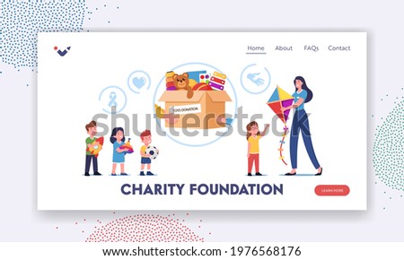 Charity Foundation Landing Page Template. Woman Giving Toys to Orphan Kids around Carton Donation Box. Female Volunteer Character Altruistic Help to Poor Kids. Cartoon People Vector Illustration 商業照片 © 