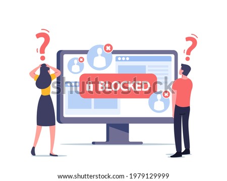 Tiny Male and Female Characters at Huge Computer Monitor Surprised with Blocked Account on Screen. Hacker Cyber Attack, Censorship or Ransomware Activity Security. Cartoon People Vector Illustration