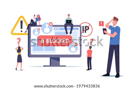 Tiny Male and Female Characters around of Huge Computer Monitor with Blocked Account on Screen. Hacker Cyber Attack, Censorship or Ransomware Activity Security. Cartoon People Vector Illustration