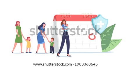 Tiny Patients Characters Wait for Vaccination near Huge Calendar with Rounded Date. Vaccine for Protection from Disease, Immunization Schedule, Medical Injection. Cartoon People Vector Illustration