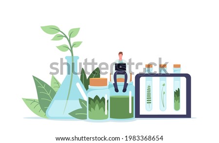 Alternative Traditional Medicine Concept. Tiny Doctor Male Character with Laptop Sitting on Huge Bottle with Green Leaves or Natural Ingredients for Remedy Creation in Lab. Cartoon Vector Illustration