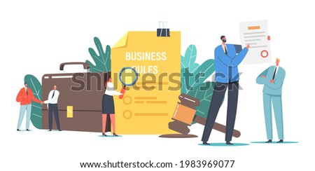 Tiny Characters Read Corporate Compliance Rules, Culture and Policies. Representation of Business Laws, Regulations and Standards, Ethical Practices, Terms of Firm. Cartoon People Vector Illustration