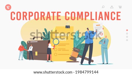 Tiny Characters Read Corporate Compliance Rules Landing Page Template. Representation of Business Laws, Regulations and Standards, Ethical Practices, Terms of Firm. Cartoon People Vector Illustration