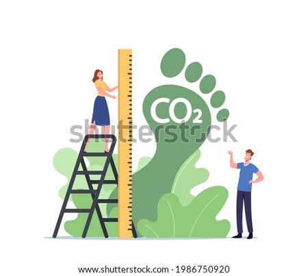 Tiny Female Character Measure Huge Green Foot, Carbon Footprint Pollution, Co2 Emission Environmental Impact Concept. Dangerous Dioxide Effect on Planet Ecosystem. Cartoon People Vector Illustration