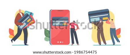 Tiny Characters with Huge Credit Cards for Cashless Payment and Transfer Money. Banking System, Online Transaction Concept. Virtual Bank Services for Shopping. Cartoon People Vector Illustration