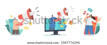 Tiny Characters with Huge Megaphone. Digital Marketing, Public Relations and Affairs, Communication. Pr Agency Work, Alert Advertising, Social Media Promotion. Cartoon People Vector Illustration