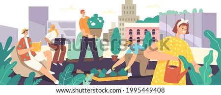 Characters Care of Rooftop Garden Concept. Landscaping Urban Gardening, Building Roof Greening. People Planting Seedlings, Gardeners, Florists on Cityscape Background. Cartoon Vector Illustration