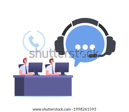 Telemarketing Call Operator Characters Hotline Communication, Consultation. Technical Support Specialist Sit at Computer in Call Center Answering Questions Online. Cartoon People Vector Illustration