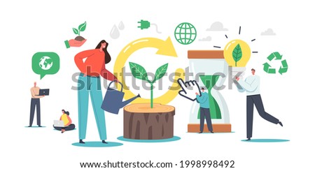 Refresh and Renew Concept, Tiny Characters Restart Project with New Vision or Rework Strategy. Renew Life Goal and Direction. Woman Watering Stump with Green Sprout. Cartoon People Vector Illustration