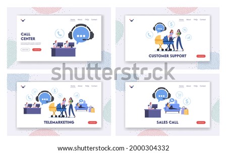 Telemarketing Sales Landing Page Template Set. Women Walking with Baby Strollers Call to Client Support for Ordering Goods. Characters Work in Customer Service. Cartoon People Vector Illustration