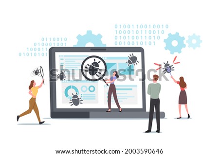 Tiny Characters Debugging Firewall. Antivirus Scanning, Malware Fixing, Virus Attack, Trojan Search, Bugs Detection. System Protection. People Threat Diagnostic Crash Test. Cartoon Vector Illustration