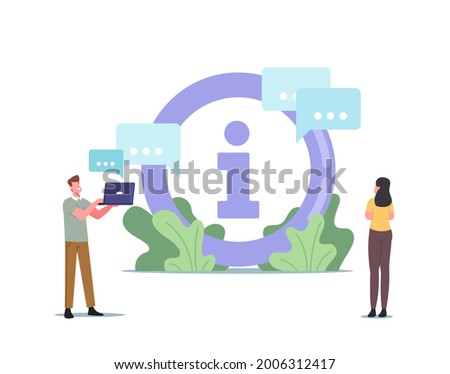 Tiny Male and Female Characters Stand at Huge Info Desk Symbol. People Need Information Service in Supermarket, Bank, Exhibition, Airport or Shopping Center, Ask Questions. Cartoon Vector Illustration