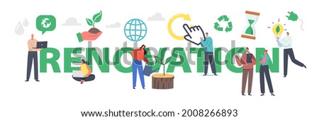 Renovation Concept. Characters Use Gadgets, Planting Trees, Ecology Protection, Innovation, Save Nature, Electricity Power Saving Poster, Banner or Flyer. Cartoon People Vector Illustration Photo stock © 